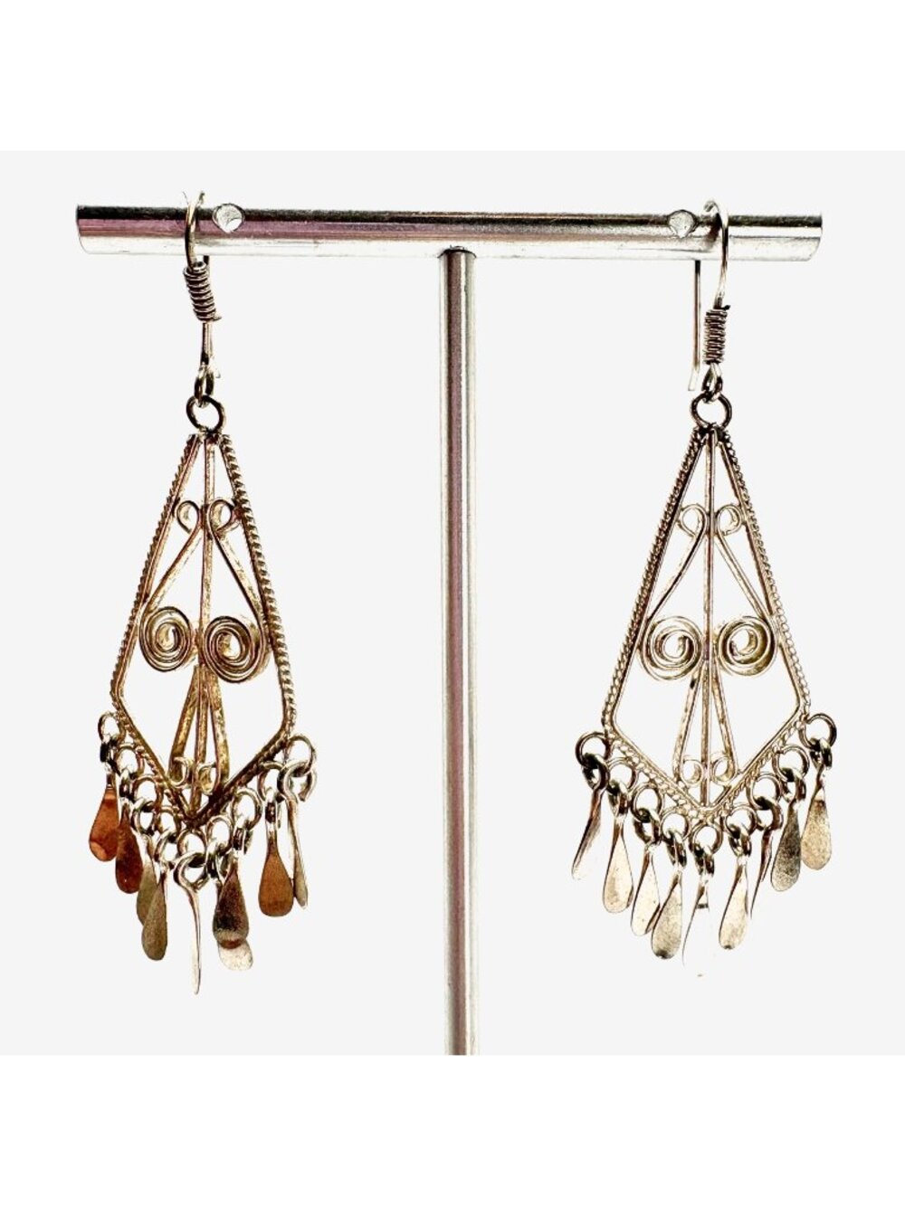Filigree Design Sterling Silver 925 Scroll Tassel Dangle Earrings 2.5" L